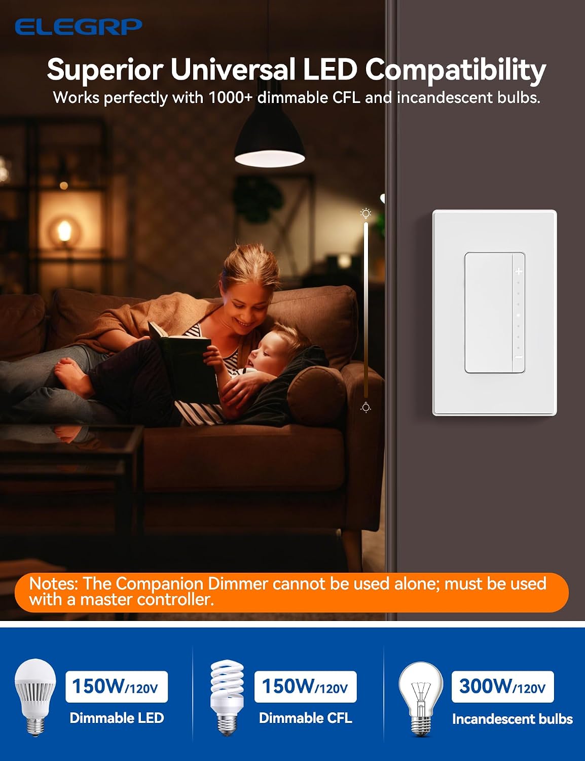 ELEGRP LEDPro™ Multi-Location Dimmer, EDM25BM Master Dimmer Light Switch for LED, Single Pole/3 Way, 1 Pack, Matte White