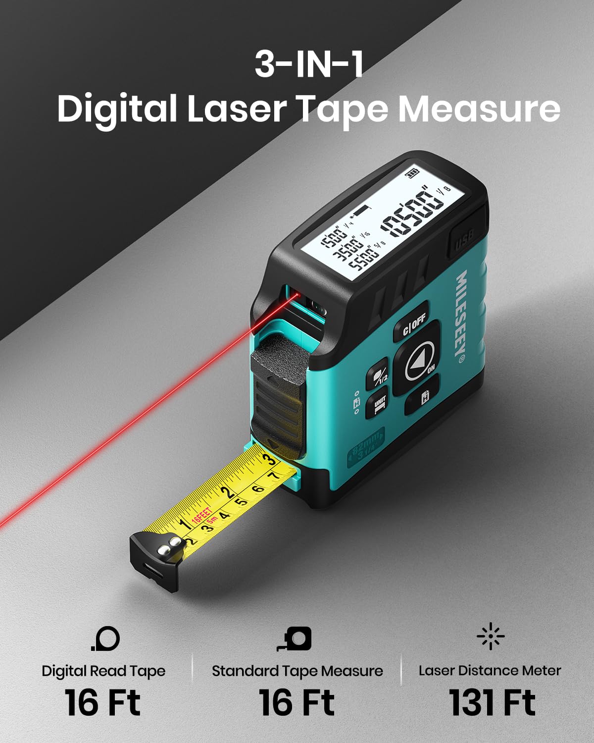 MILESEEY DT20 3-in-1 Digital Laser Tape Measure, 131ft Laser & 16ft Tape | Real-Time Digital Tape Readout, Distance/Area/Volume/ Pythagorean/Midpoint, Rechargeable, Measuring Tape for Pro & DIY Use