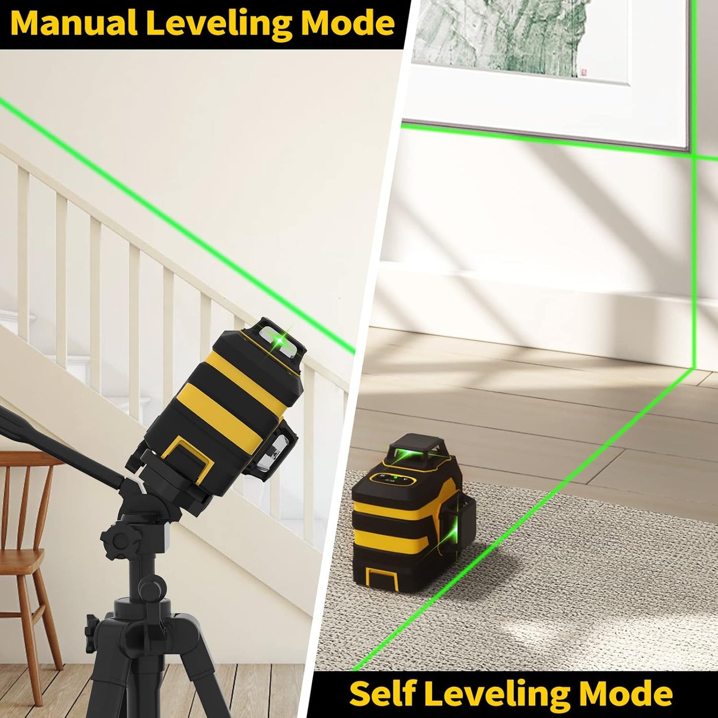 Laser Level with 12 Green Lines, Built-in 5200 mAh Li-ion Battery | 3×360° Full Coverage, for Construction and Picture Hanging