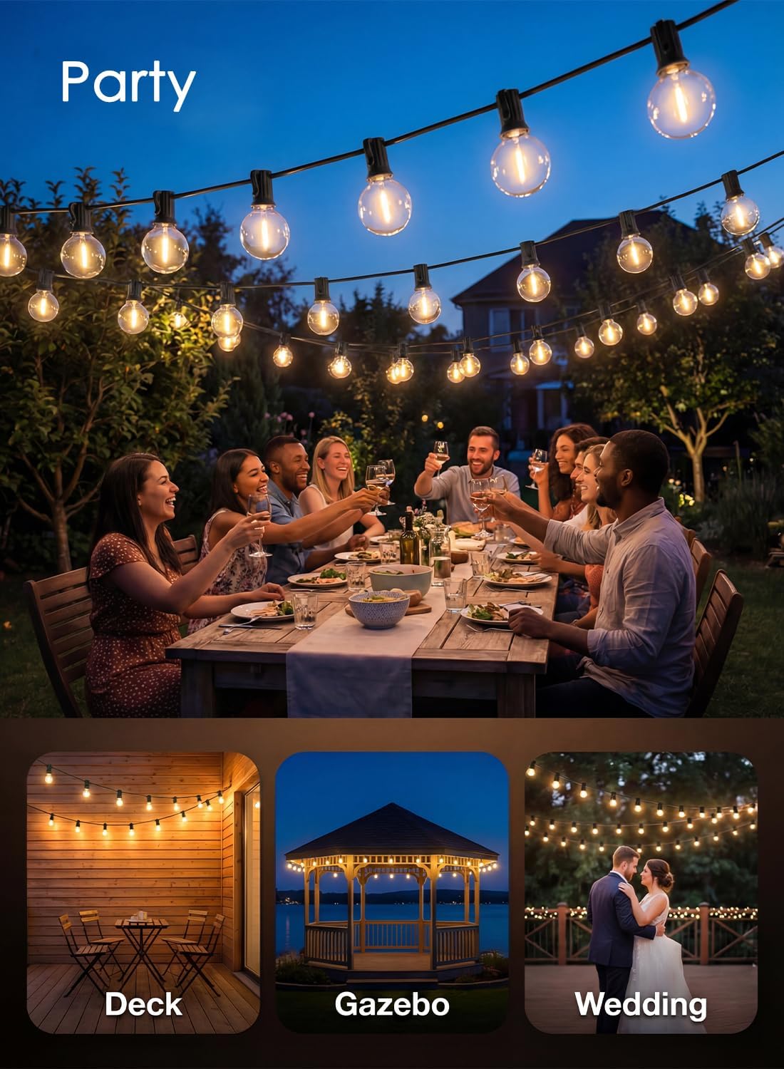 25FT G40 LED Globe Outdoor String Lights with 25 Plastic Shatterproof Bulbs | 2700K Warm White, IP65 Waterproof Hanging Connectable Globe Lights for Patio, Backyard, Bistro, Porch, Black Wire