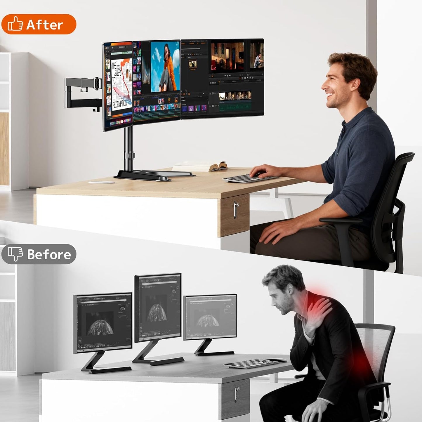 Triple Monitor Stand, Full Motion Arm Fits up to 27 inch | Free standing, Cable Management, 22 lbs Weight Capacity per Arm, 75/100 mm VESA, Black