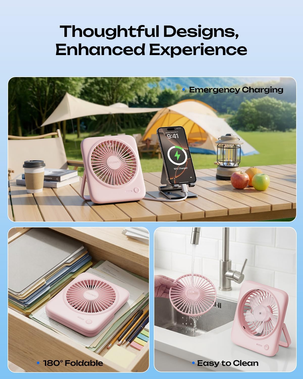 Otlonpe Personal Portable Desk Fan, 4000mAh Small Rechargeable Portable Fan Battery Operated & USB Powered for Travel Sleeping Bedroom Office Home Table, Cordless, Quiet, 4-Speed, 6.5 Inch (Pink)