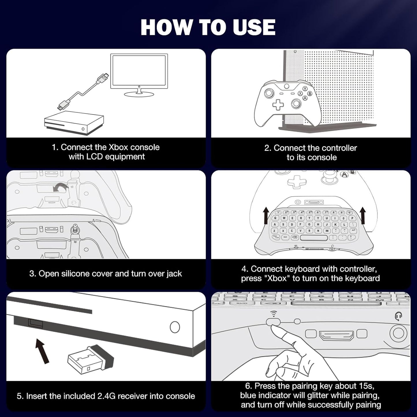 MoKo RGB Backlight Keyboard for Xbox One Controller | Wireless Chatpad with Headset & Audio Jack, Xbox Accessories fit Xbox One/One S/ Elite/2, Series X/S, 2.4G Receiver Included