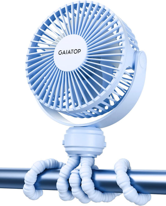 Gaiatop Mini Portable Stroller Fan, Small Clip on Fan Blue | Battery Operated Detachable, 3 Speed Rechargeable, 360° Rotate Flexible Tripod, Cooling for Car Seat Crib Treadmill Travel