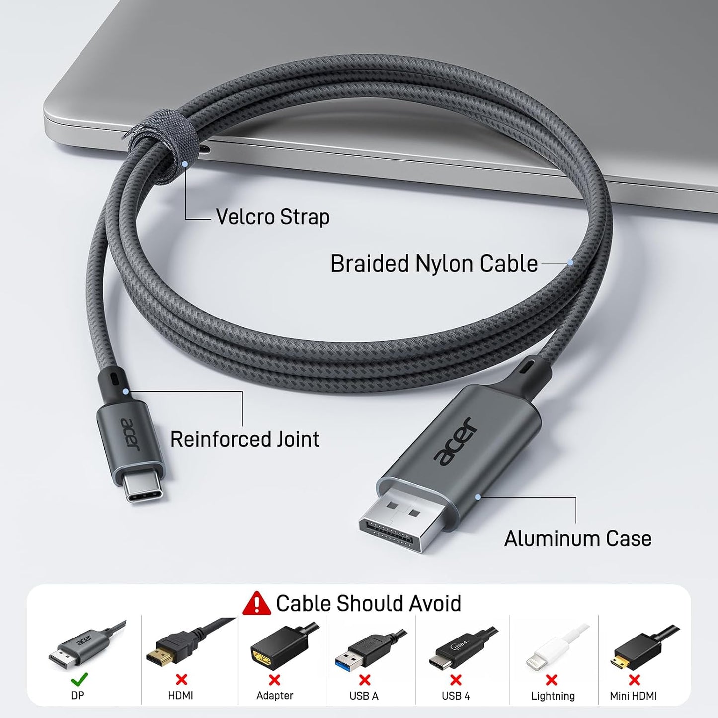 Acer USB C to Display Port Cable 6.6 FT (4K@60HZ 2K@165Hz) for Laptop | Type-C to DP Cord(Sturdy Aluminum, Plug & Play) Thunderbolt 3/4/5 Compatible with MacBook Pro/Air, iPhone 17 Pro/Max, Surface