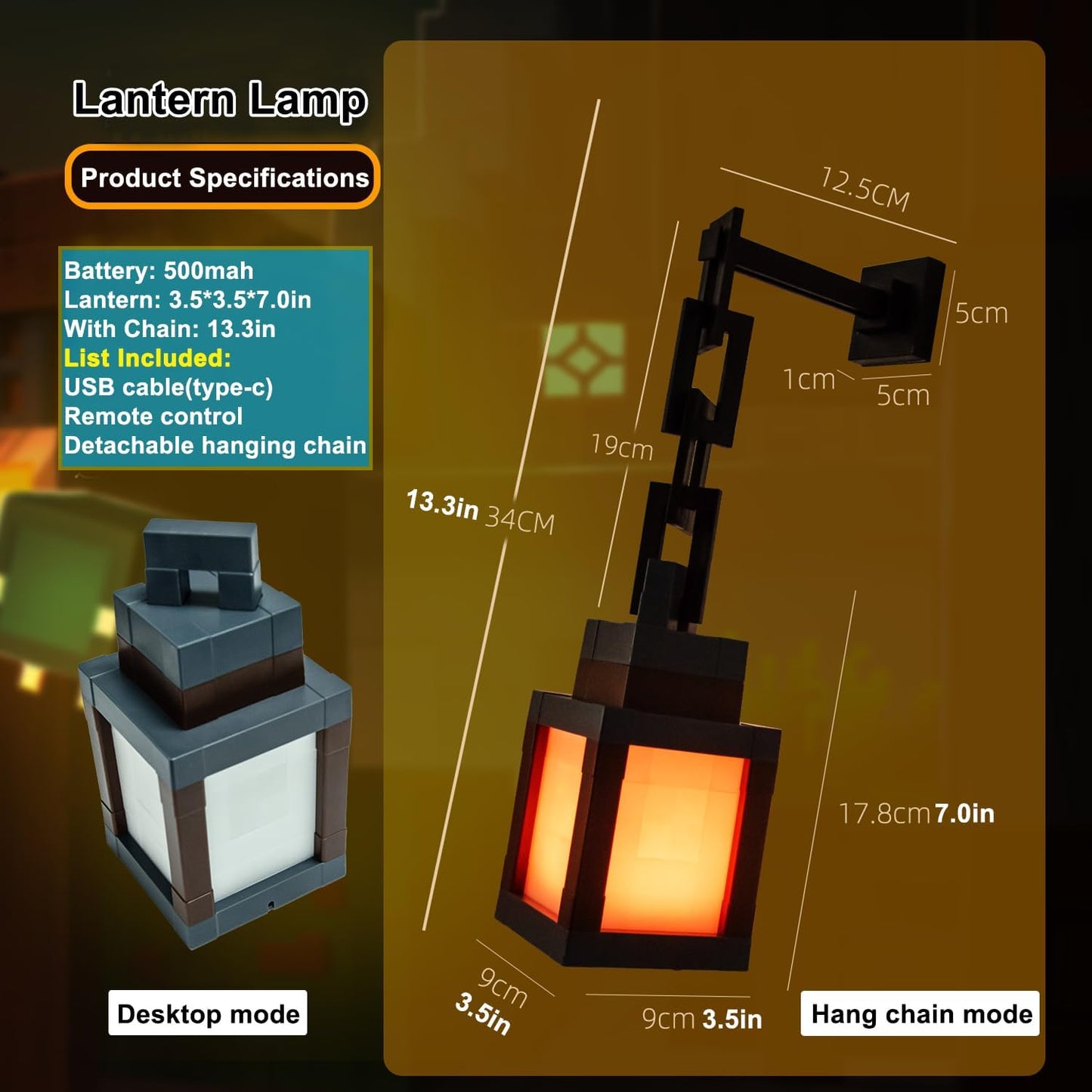 Pixelated Lantern Night Light for Kids, LED 16 Colors Change Hanging Lamp | Rechargeable, Soft, Free Hanging/Tabletop Nightlight Gamer Boys Girls Bedroom Game Room Dorm Home Wall Decor, Birthday Gift