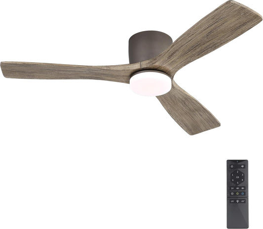 WINGBO 48 Inch Flush Mount DC Ceiling Fan, 3CCT Dimmable Light, 3 Carved Wood Blades, 6-Speed Noiseless Reversible DC Motor, Hugger Low Profile Fan, Graphite Finish with Gray Blades, ETL Listed