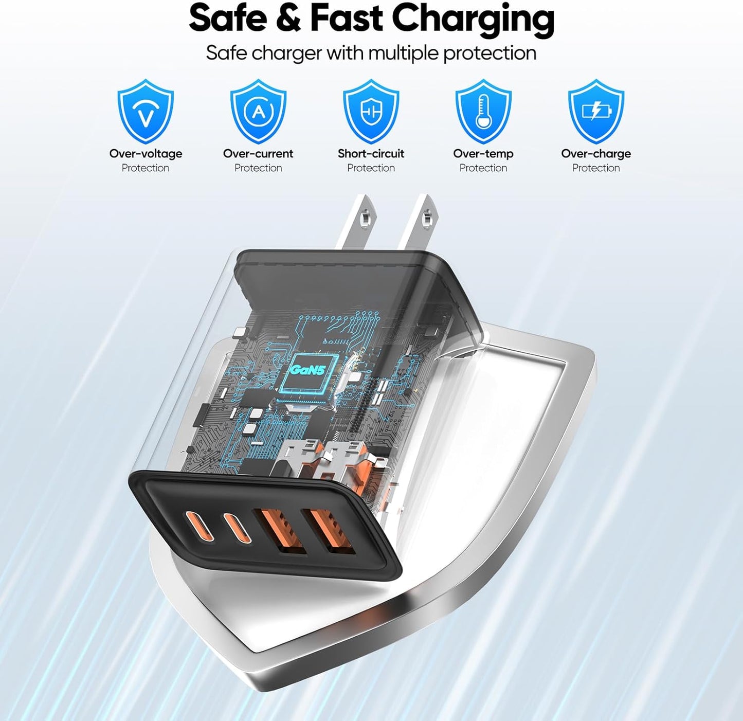 2 Pack USB C Charger Block 60W, 4-Port GaN5 Super Fast Phone Charger, Type C Charging Block PD 20W & QC 20W with 6.6FT USB C Cables for iPhone 17 Air/17/16/15 Pro Max Samsung Galaxy S24