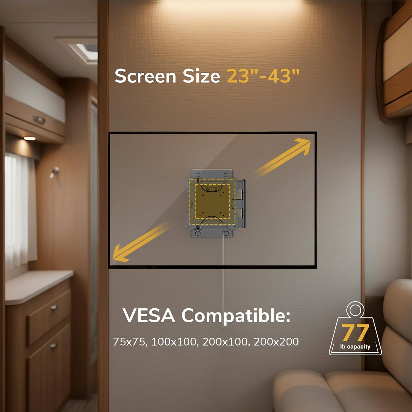 Mount-It! Lockable RV TV Mount for 23-43 Inch TVs, Full Motion Swivel Tilt Wall Mount for Camper, Travel Trailer, Motorhome, Truck & Boat, Quick Release Locking Arm, VESA 75x75-200x200mm, 77 lb