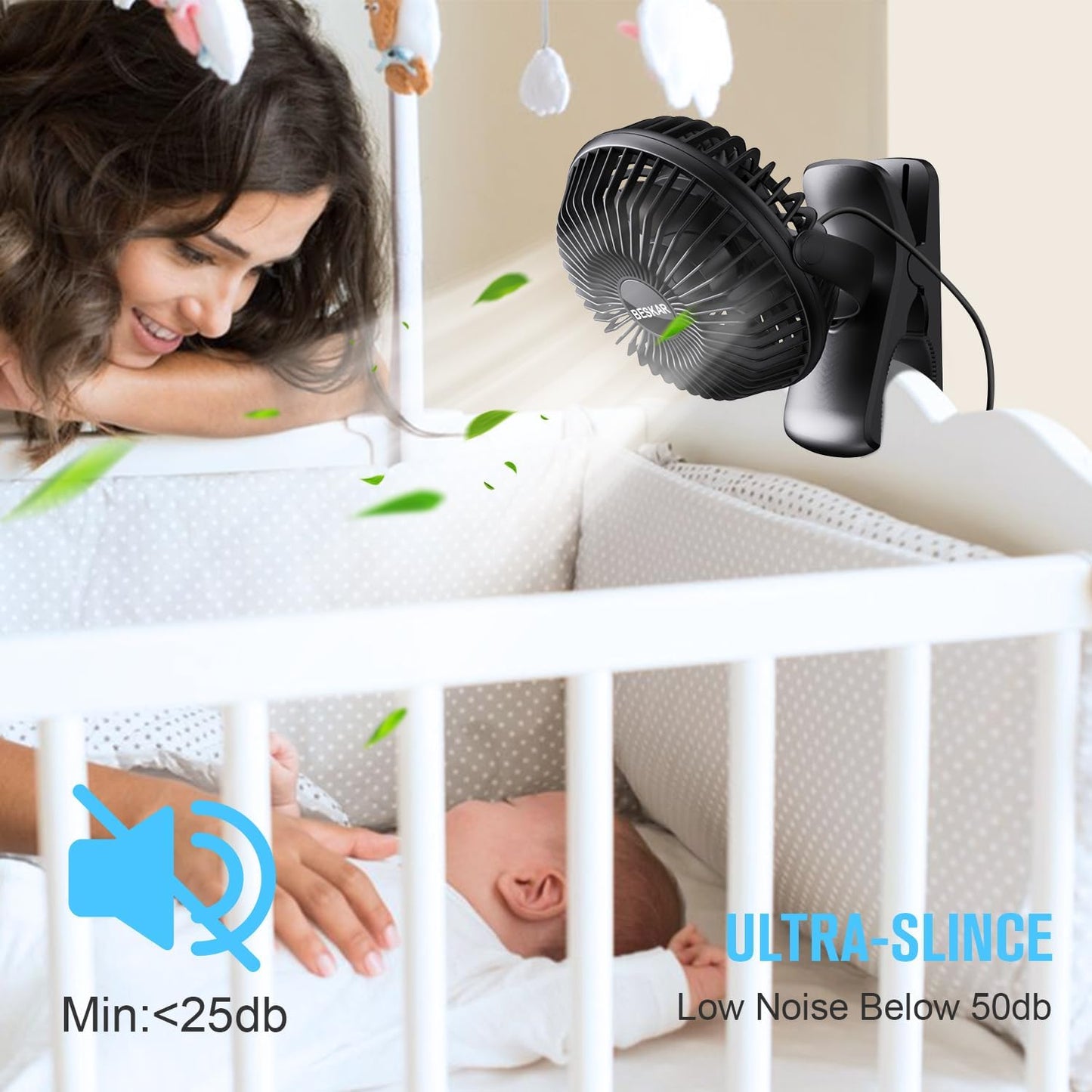 BESKAR USB Clip on Fan, Portable Small Desk Fan with Cord Powered | 3 Speeds Strong Airflow, Sturdy Clamp, Ultra Quiet Personal Cooling Fan for Office Dorm Bedroom Stroller