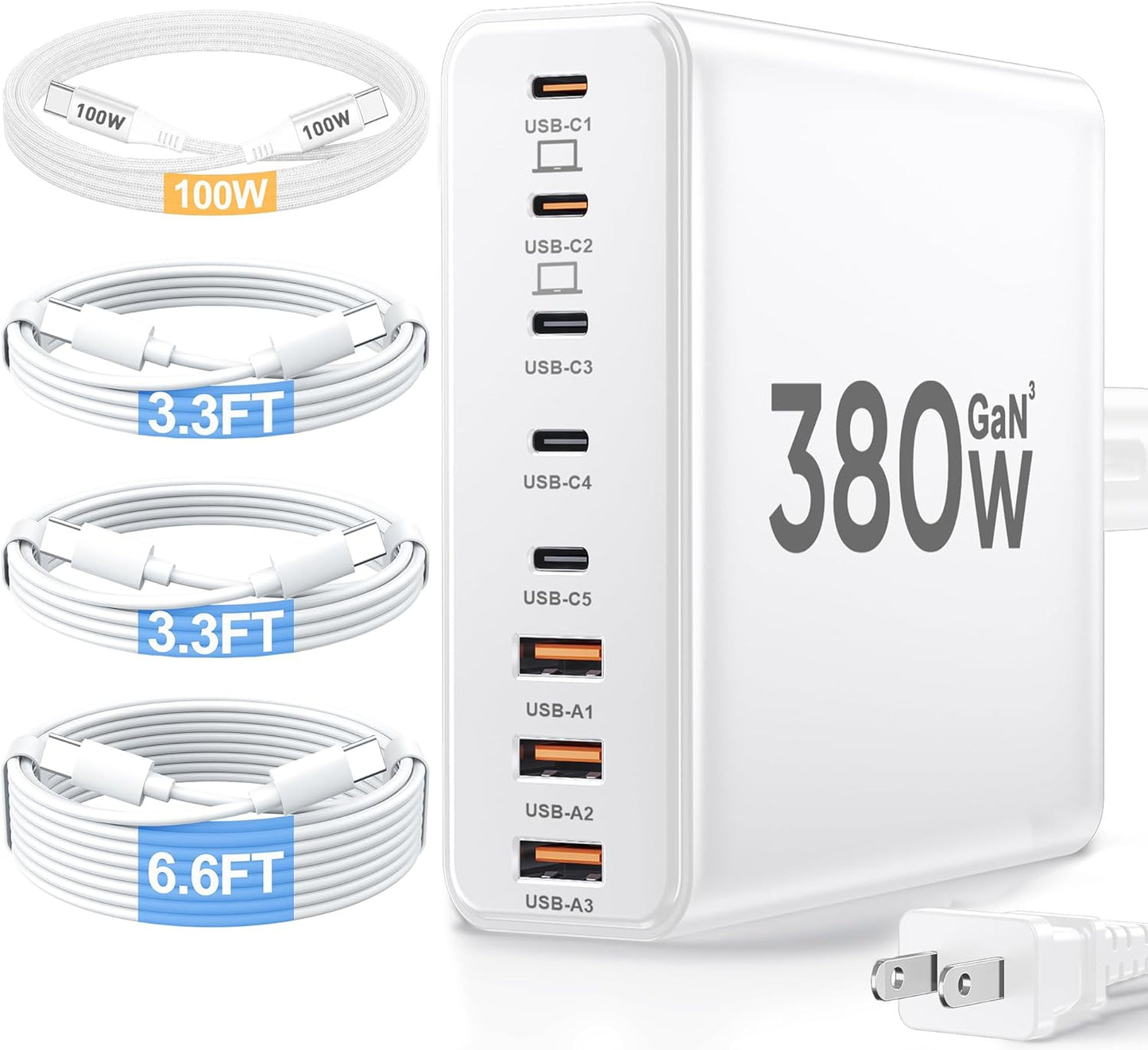 380W USB C Charger Block with 4 USB Cables Dual 100W Charging Station | 8-Port USB C Charging Station Laptop Charger Fast Type C Charging Block for MacBook Pro