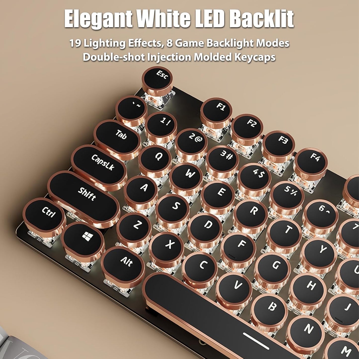 Typewriter Style Mechanical Gaming Keyboard White LED Backlit | 104-Key NKRO White Switches Retro Round Keycaps Gold Rings Volume Knob Metal Panel Wired USB-C Detachable Cable, Black