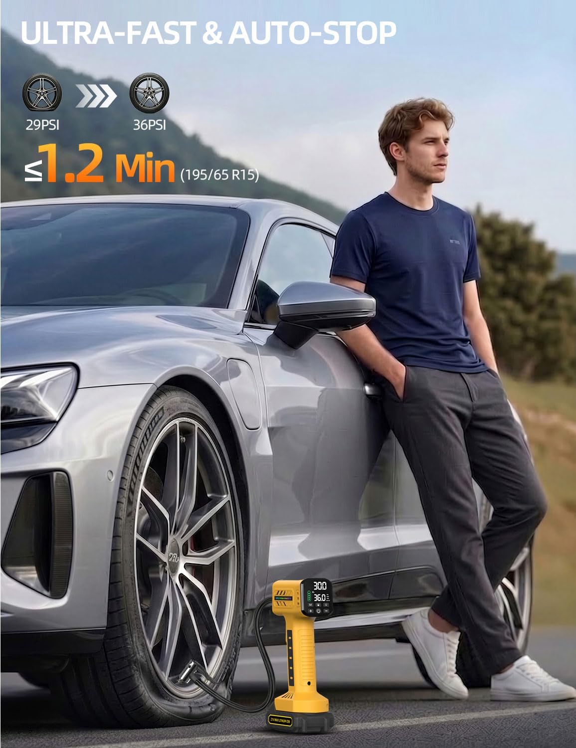 Tire Inflator Portable Air Compressor, 160 PSI Cordless Tire Inflator with 10,000mAh Battery & 12V DC, Auto Shut-Off Digital Display, Replaceable Hose for Car SUV Motorcycle Bike Balls - Yellow