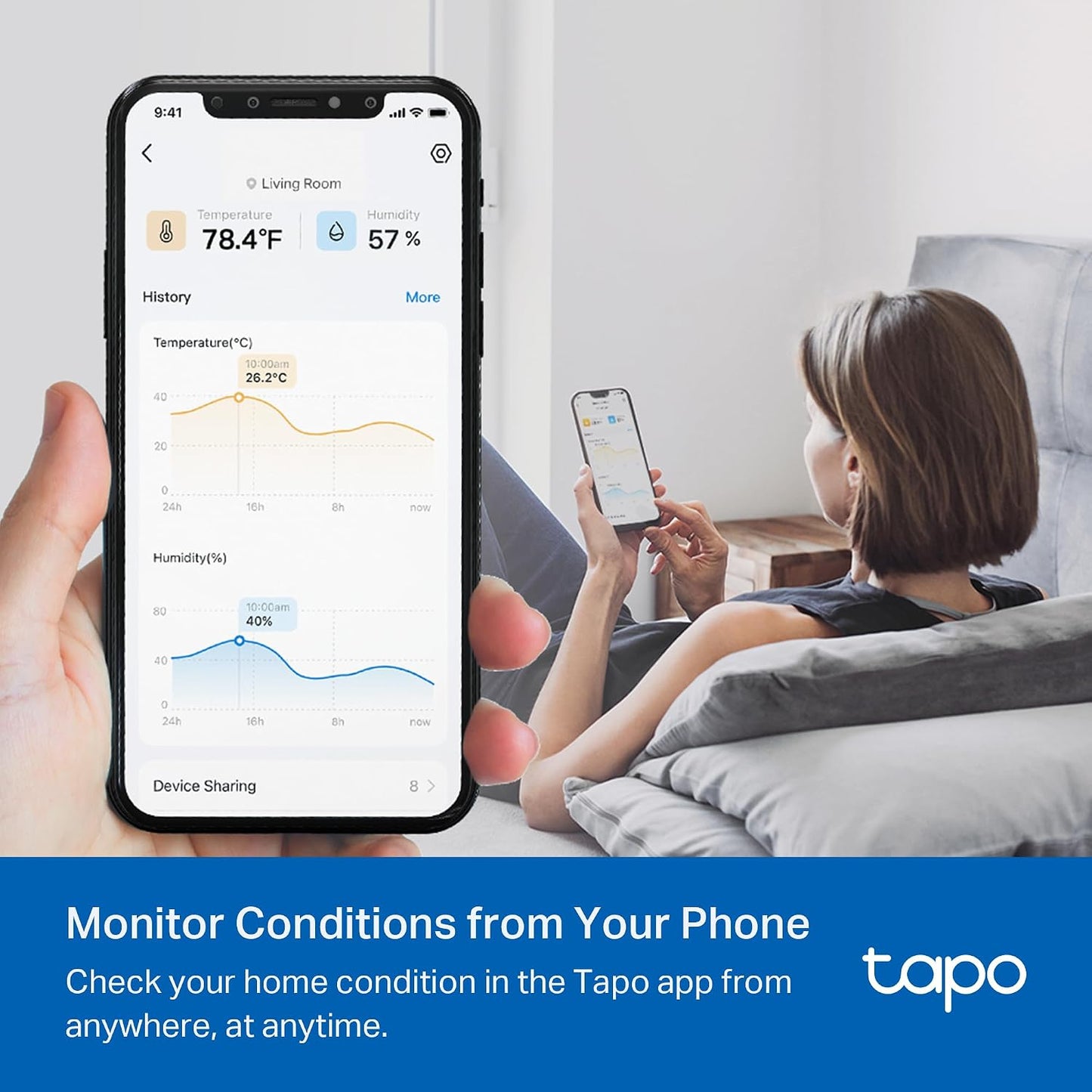 Tapo Smart Temperature and Humidity Monitor, 2.7" E-Ink Display, Swiss-Made Sensor, Real-Time Notification, Visual Graphics, Hub Required, White (T315)