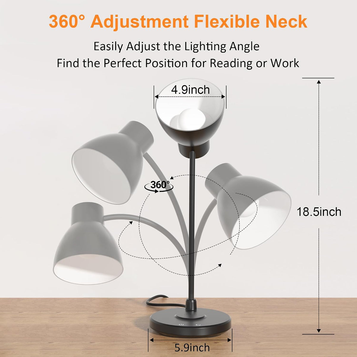 Desk Lamps for Home Office - LED Desk Lamp with Wireless Charger, 3 Color Modes Dimmable Eye-Caring Study Reading Desk Light, Small Flexible Arm Table Lamp for College Dorm Room Bedside, Black