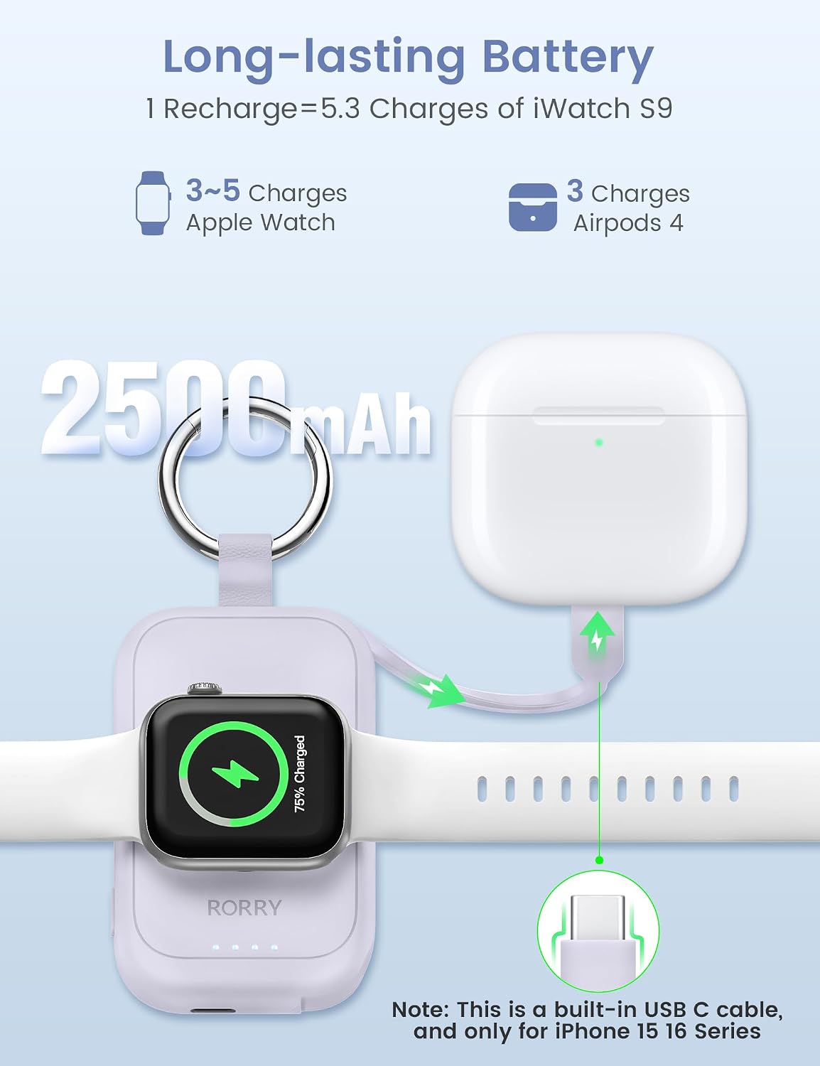 RORRY CharmGo for Apple Watch Charger, 2500mAh Portable Charger for iWatch | Fast Charging Travel Keychain Charger with Built-in USB C Cable for Apple Watch Ultra Ultra Series 11 10 9 8 7 6 3 2