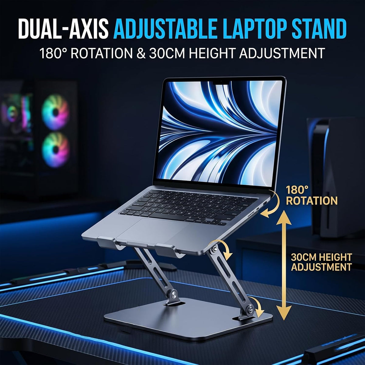Laptop Cooling Stand with 12cm Turbo Fan, Ergonomic Dual-Axis Laptop Riser with 30cm Height Adjustment & 180° Rotation, 20KG Bearing Desk Stand for 11"-17" Laptops, Tablets, Gaming & Work (Silver)