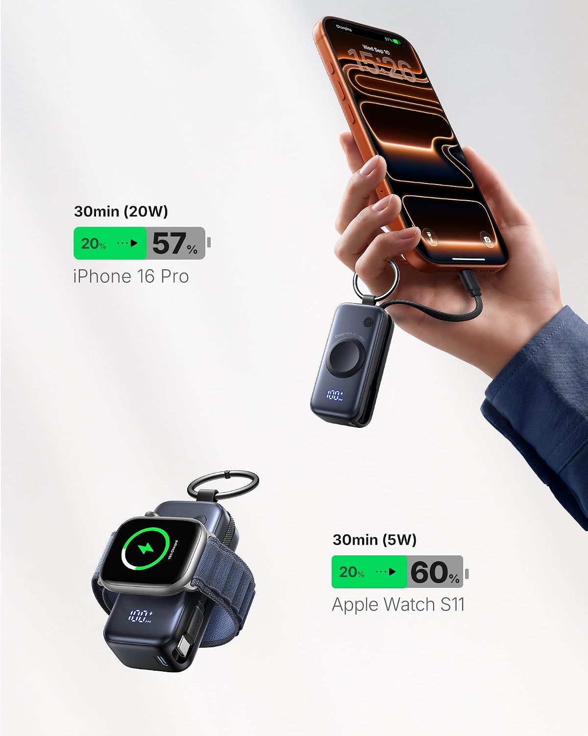 INIU 20W SnapGo Portable Charger, 5000mAh Mini Power Bank for Apple Watch | 20W Fast Charging, Travel Keychain, Built-in USB-C Cable, Flight-Safe, Battery Pack for Apple Watch, iPhone 17 etc