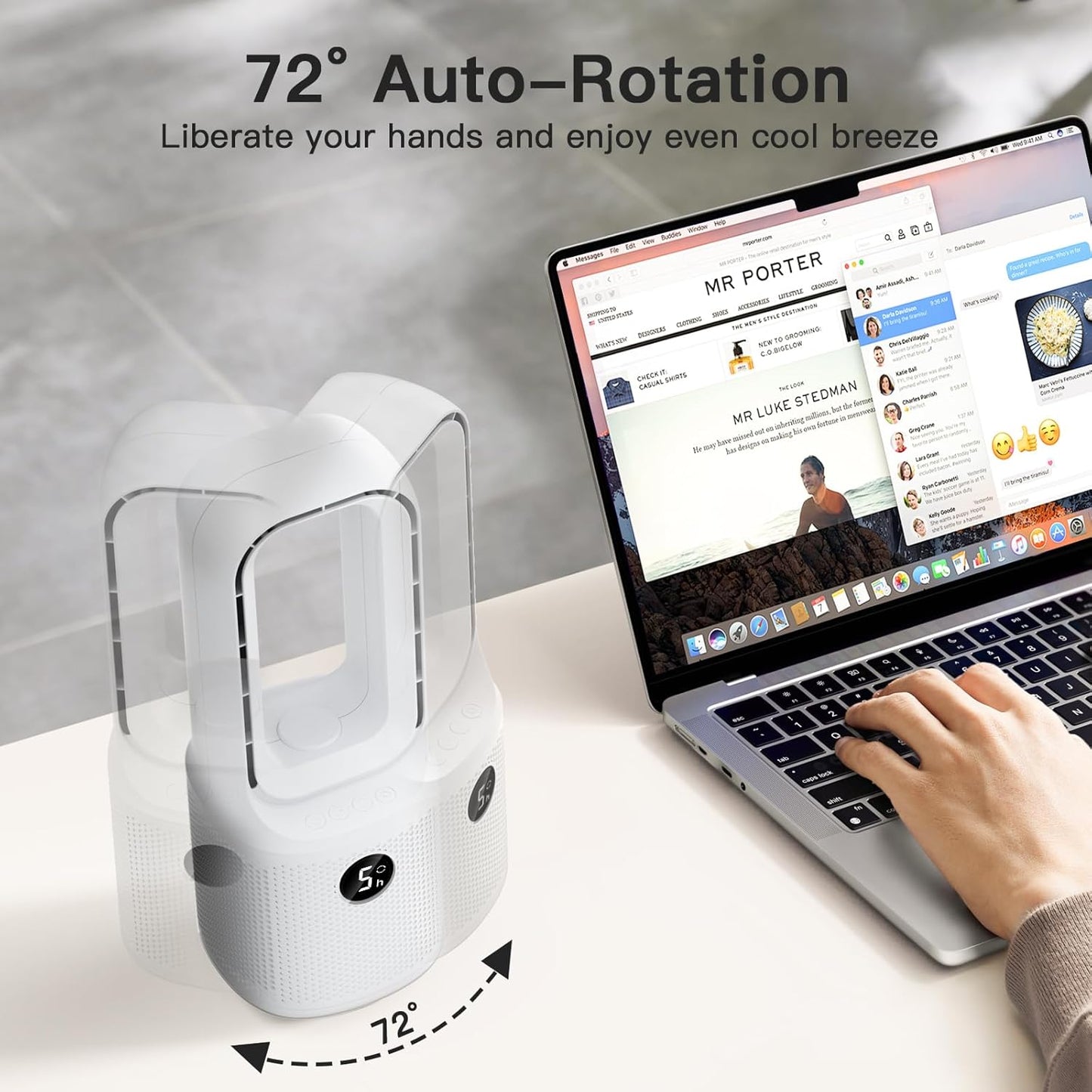 let'me Bladeless Desk Fan Small Quiet,5-Speed Bedside Table Fan with 3-Level Brightness Night Light, 72° Oscillation, 9-Hour Timer, Wired Power with Adapter,Fan for Bedroom Office Home,13x5 Incn