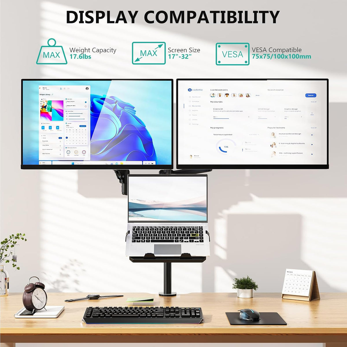 WALI Dual Monitor and Laptop Stand for 17" Notebook and 32" Screens