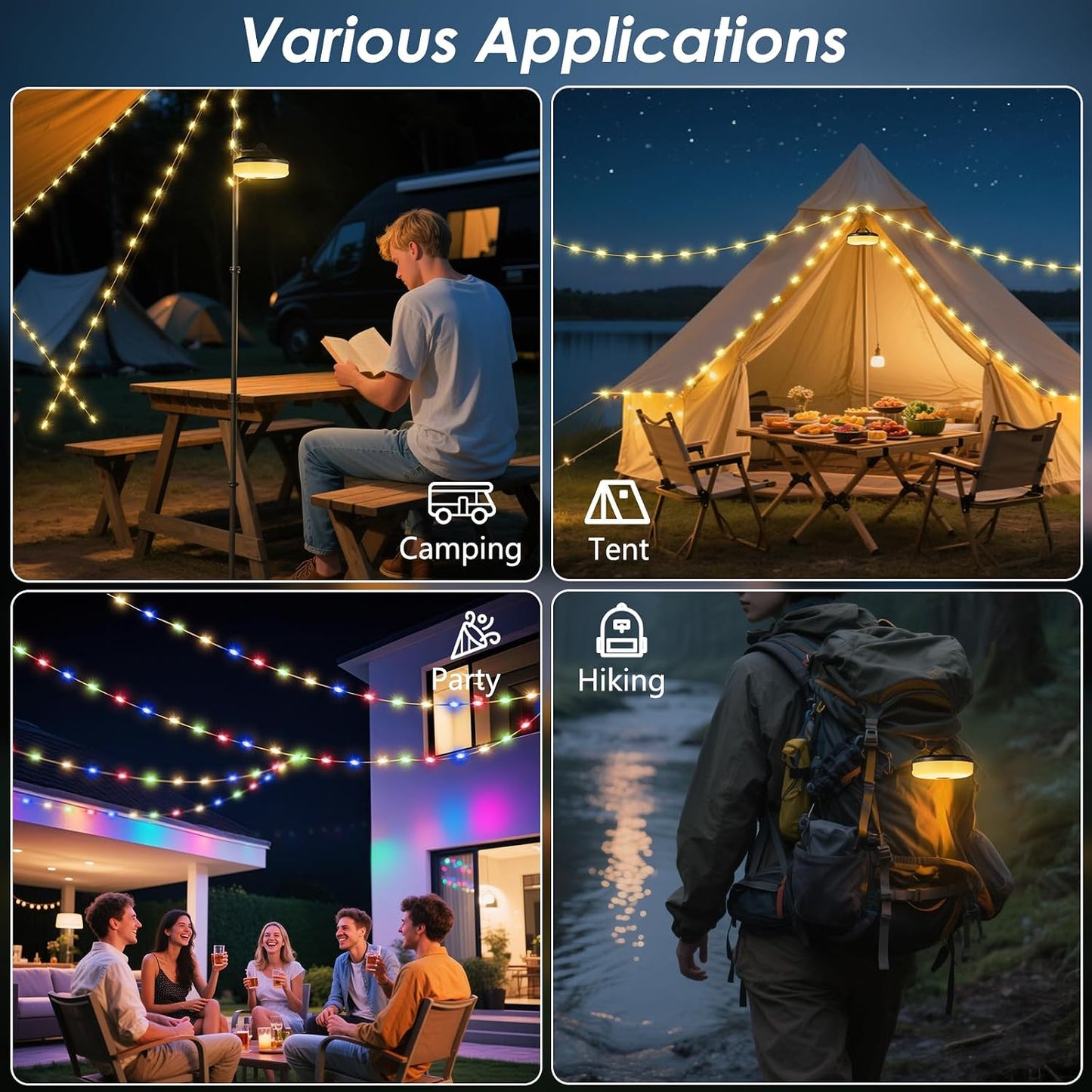 2 Pack Camping String Lights 4 in 1, 8 Modes Rechargeable Fairy Tent Lights | 30s Quick Storage, 32.8FT RGB Retractable Lights, Camping Essential Gear, Waterproof Hanging LED Lantern, Outdoor Party Decor