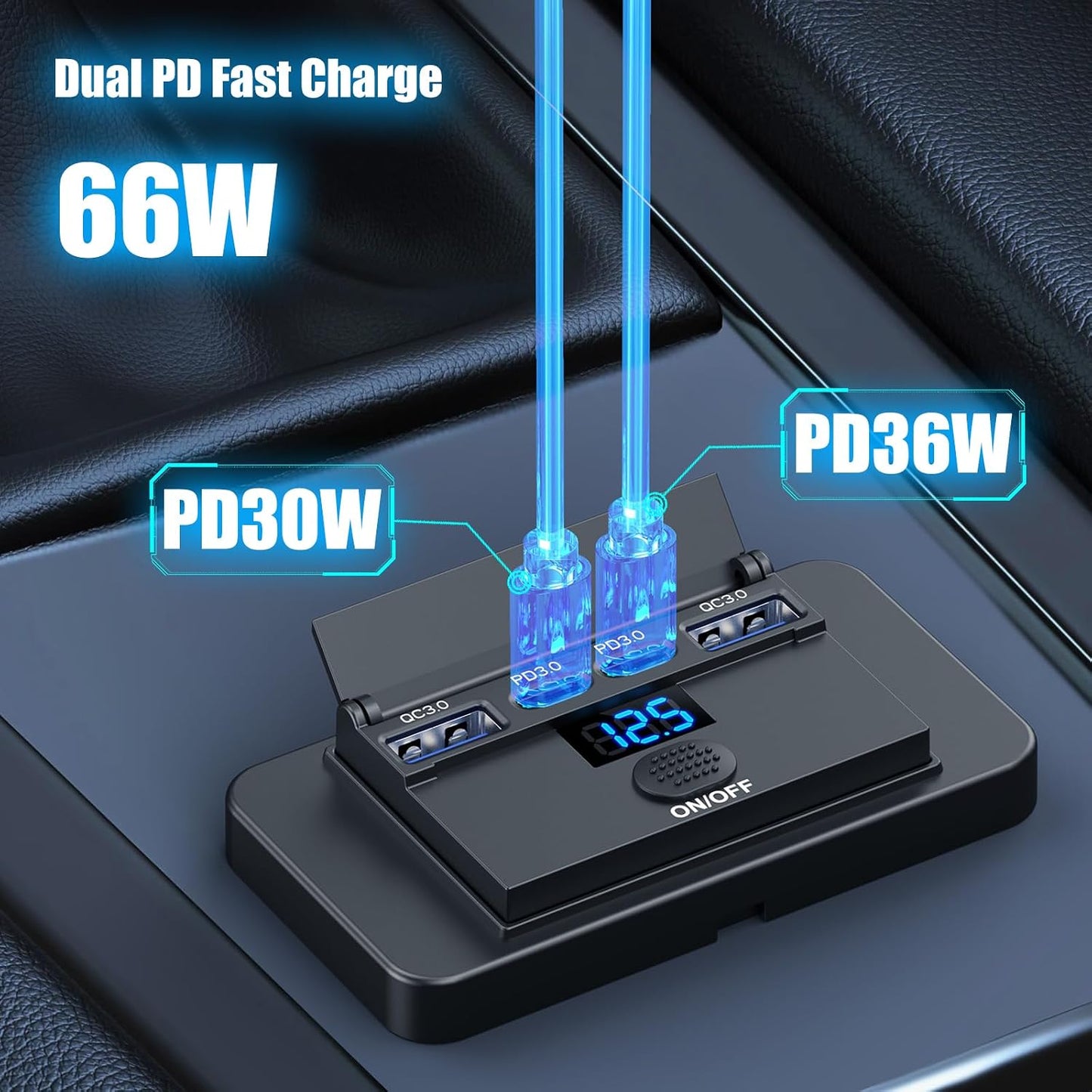 84W 4 Port 12V USB Outlet Surface Mount with Voltmeter, 36W PD and Dual 18W QC3.0 Car USB Port Lightweight Charger Socket Replacement Panel with Button Switch for Bus RV Truck Marine Golf Cart
