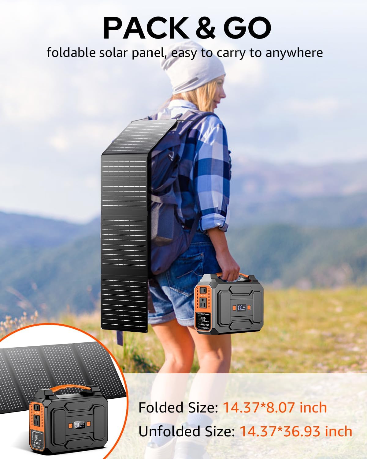 Solar Powered Generator 100W, Portable Power Station with Solar Panels 40W | 146Wh Solar Power Bank with AC Outlet,USB A,USB C, DC Output, Small Solar Generator for Home Use Outdoor Camping RV Van Trip
