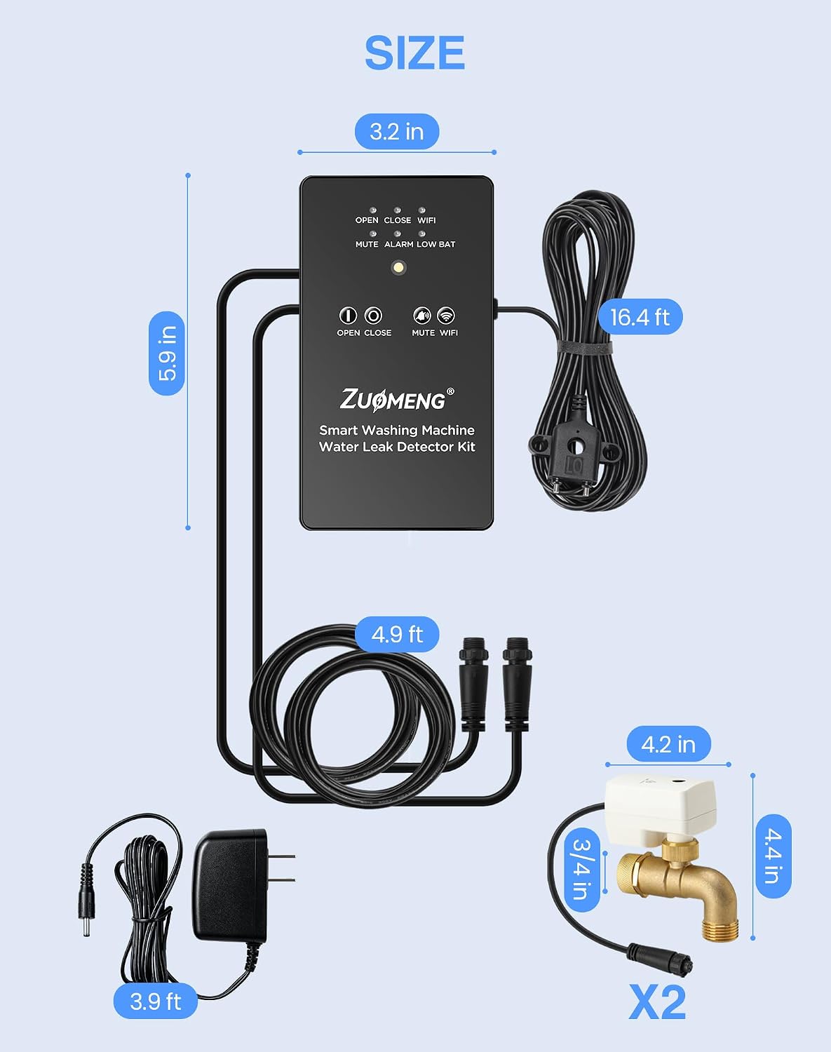 WiFi Washing Machine Water Leak Detector Kit with App Alerts & Sound Light Alarm, Dual Power Supply, High-Precision Sensor, Automatic Hot & Cold Shut-Off Valves (3/4" 90°)