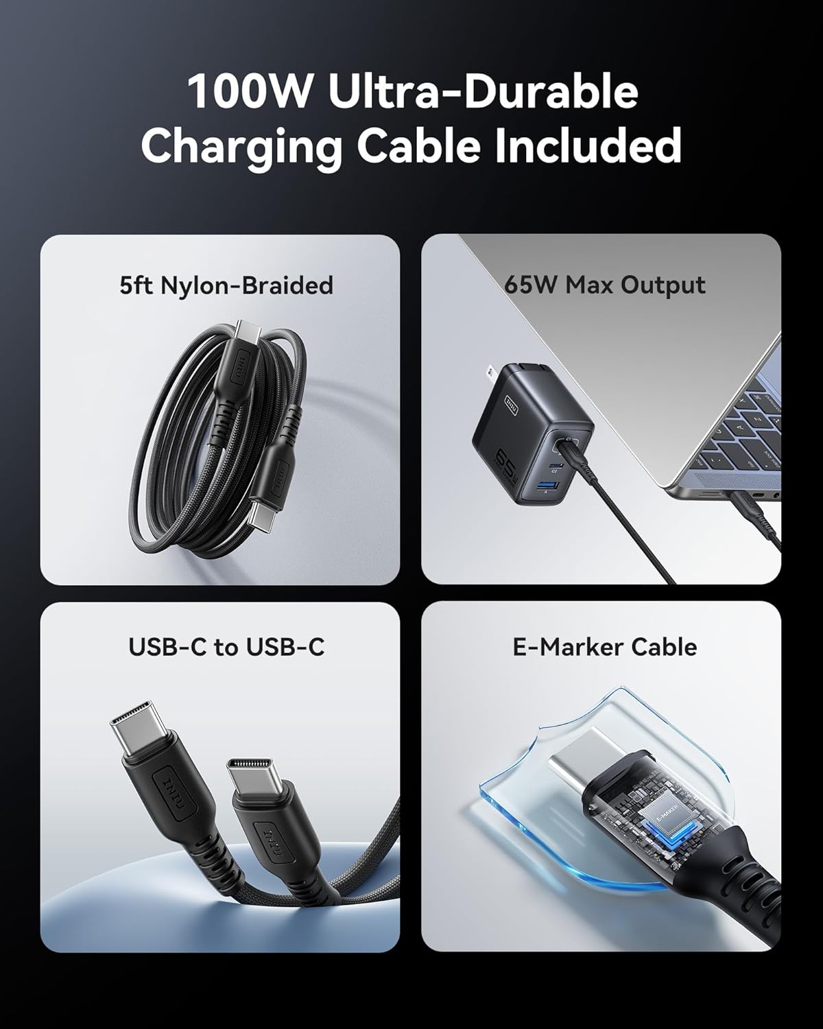 INIU 65W USB C Charger, 3-Port GaN Fast Charging Block with 5ft 100W Cable | Advanced Protection, Foldable Travel Charger, GaN Tech, 3-Port, Adapter for MacBook Pro Air Neo Laptop iPhone 17 Samsung etc