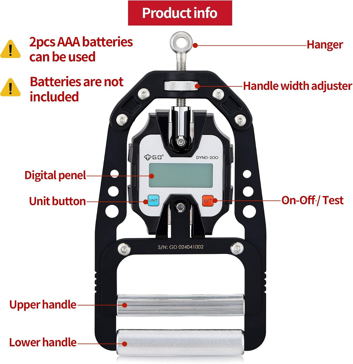 GD DYNO-200 Grip strength tester Digital Hand Dynamometer 440 Lbs | 200kg Hand Strength Tester, Grip Strength Measure, Forearm Exerciser, Arm wrestling training equipment, Gripper strengthener