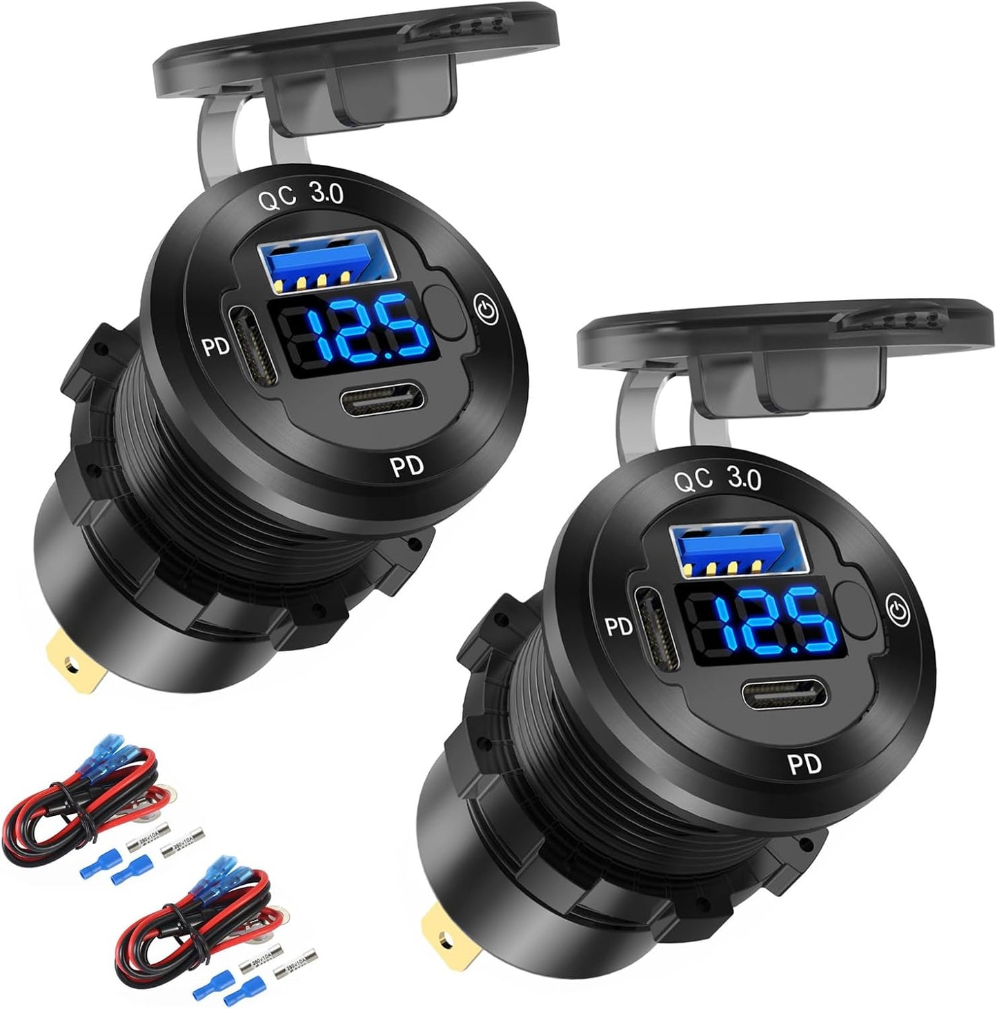 12V USB Car Socket Round USB C 12V Outlet, 3-Port Marine Fast Charger Waterproof Cigarette Outlet Replacement Aluminum with Switch & Voltmeter, Suitable for Boat Golf Cart RV Motorcycle Truck