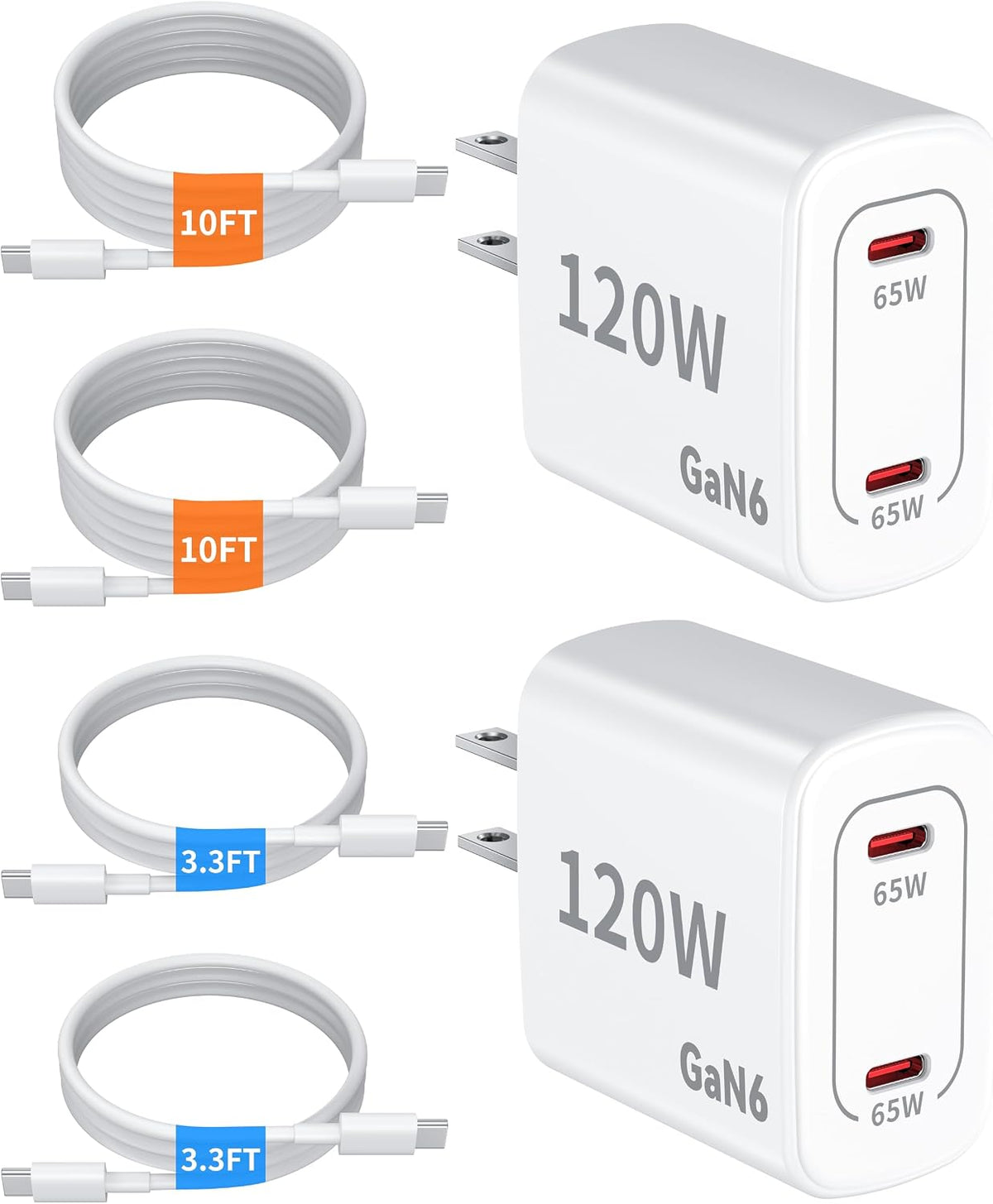 120W Fast Charger USB C - 2 Pack 65W PD Dual Port GaN Type C Charging Block | 3.3/3.3/10/10FT USB C Cable for MacBook Air Pro iPhone 17/16/15 Series Samsung Galaxy S25/S24/S23 Ultra Home Office Travel