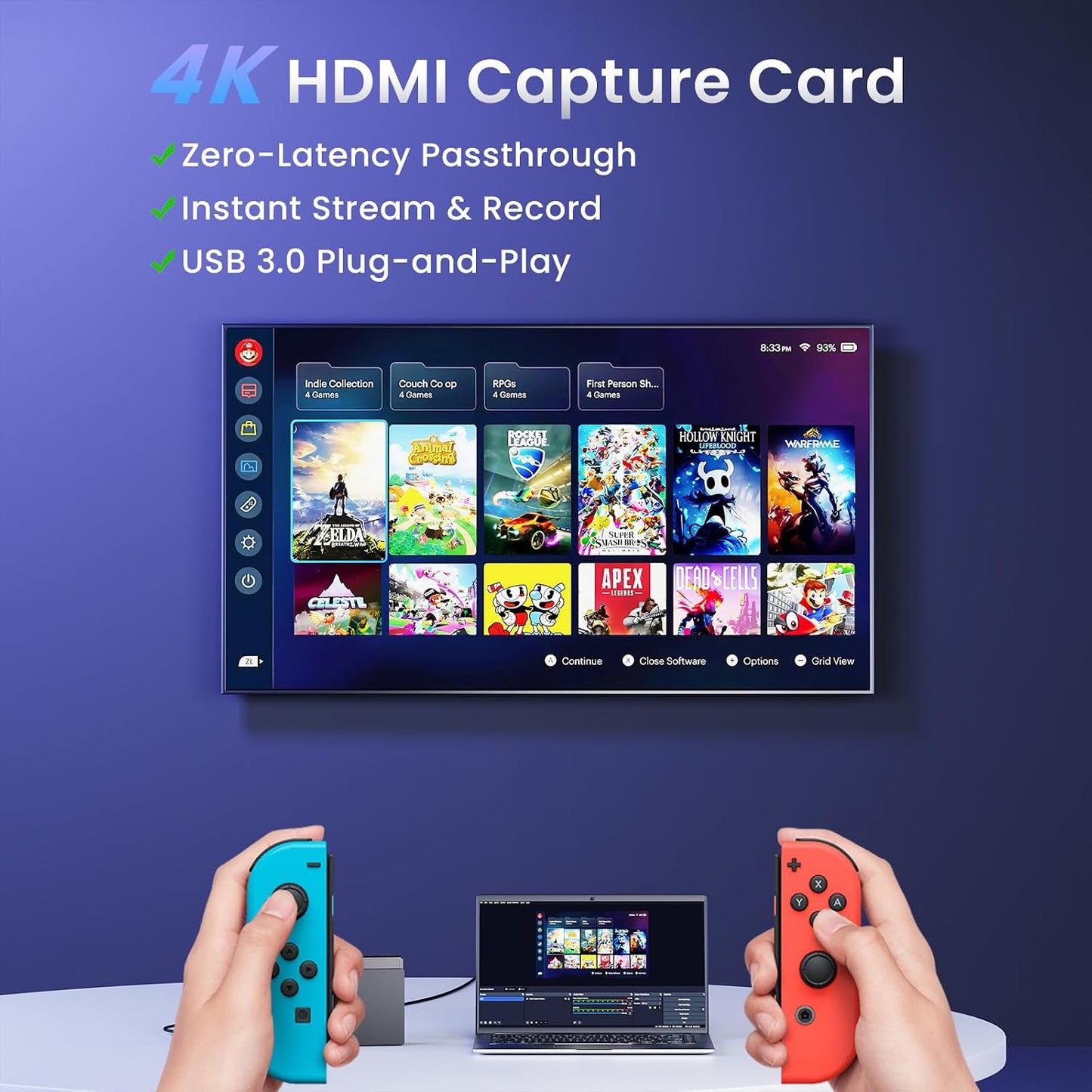 Papeaso USB 3.0 HDMI Capture Card, 2K30 FPS Capture with 4K Pass-Through | 2K30FPS/1080P60 capture & streaming with ultra-low latency 4K pass-through. for PS4/5, Switch 1/2, Xbox, PC, Mac & camera.