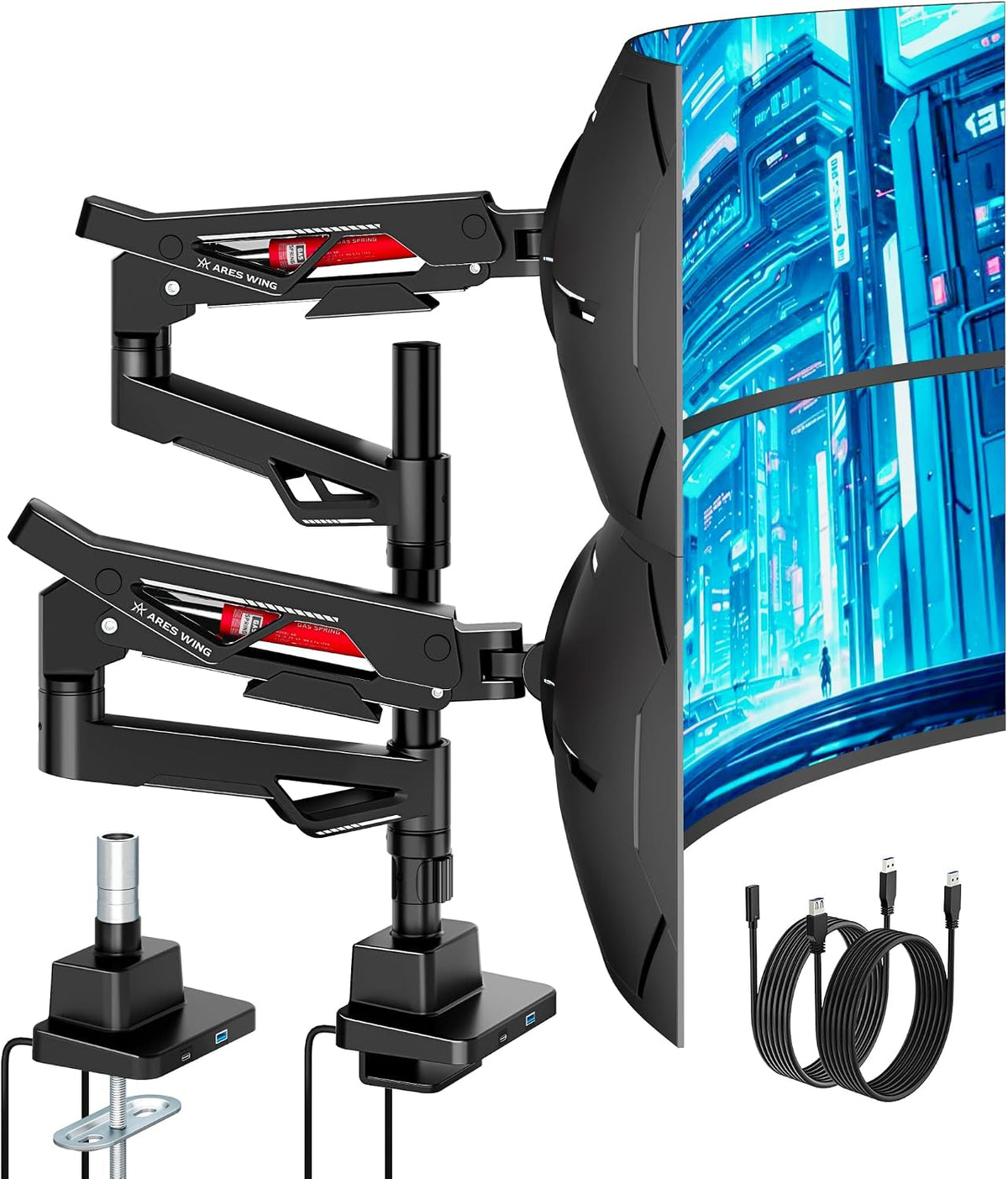 ARES WING Heavy-Duty Gas Spring Dual Ultrawide Monitor Arm57 60Lbs USB VESA