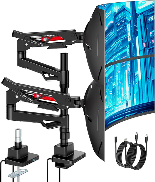 ARES WING Heavy-Duty Gas Spring Dual Ultrawide Monitor Arm57 60Lbs USB VESA