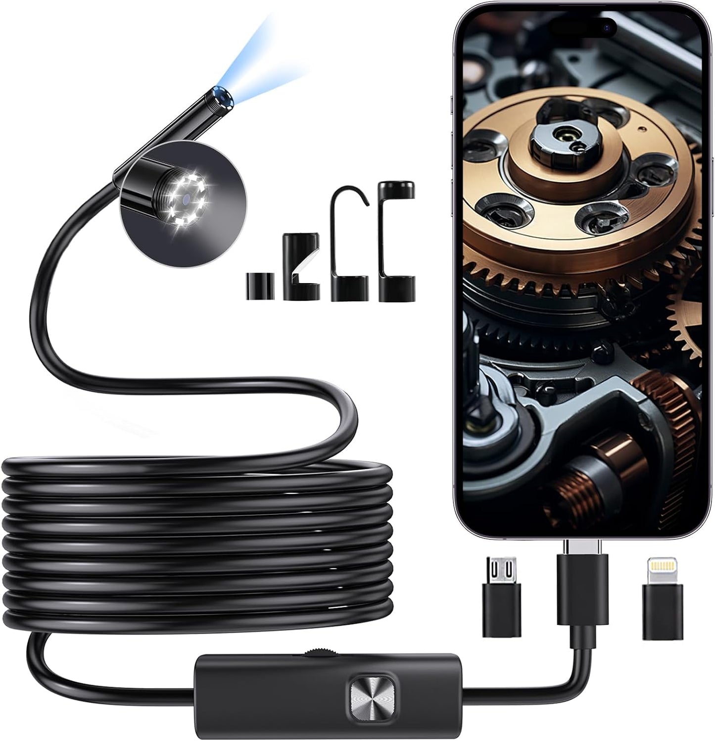 Endoscope Camera with Light, 1920P HD Borescope with Dimmable LED | Endoscope Camera for iPhone & Android, 16.4ft Semi-Rigid Snake Camera, IP67 Waterproof Inspection Tools, Gifts for Men