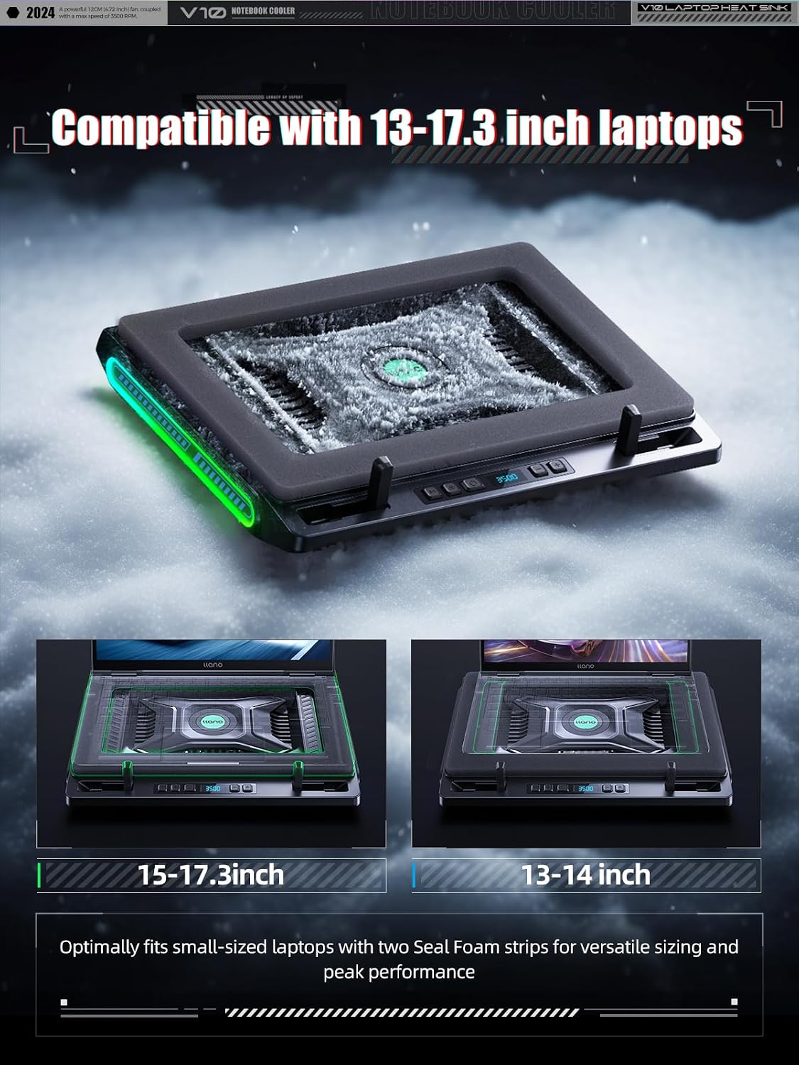 llano V10 Gaming Laptop Cooling Pad, RGB Laptop Cooler Stand Laptop Fan | Powerful 4.72 Inch Turbo Cooling Fan, Fast Cooling Computer 13-17.3in, Button Control, 3 Adjustable Stand, 4-Port USB C&A