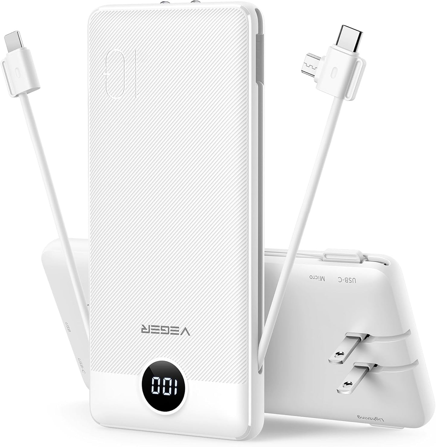 VEGER Portable Charger for iPhone, Power Bank Built in Cable and Wall Plug | 10000mAh,Ultra Slim&Compact,5 Outputs,LED Display,Flight-Safe,Travel Essentials Battery Pack for iPhone 17,iPad, Samsung,etc