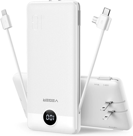 VEGER Portable Charger for iPhone, Power Bank Built in Cable and Wall Plug | 10000mAh,Ultra Slim&Compact,5 Outputs,LED Display,Flight-Safe,Travel Essentials Battery Pack for iPhone 17,iPad, Samsung,etc