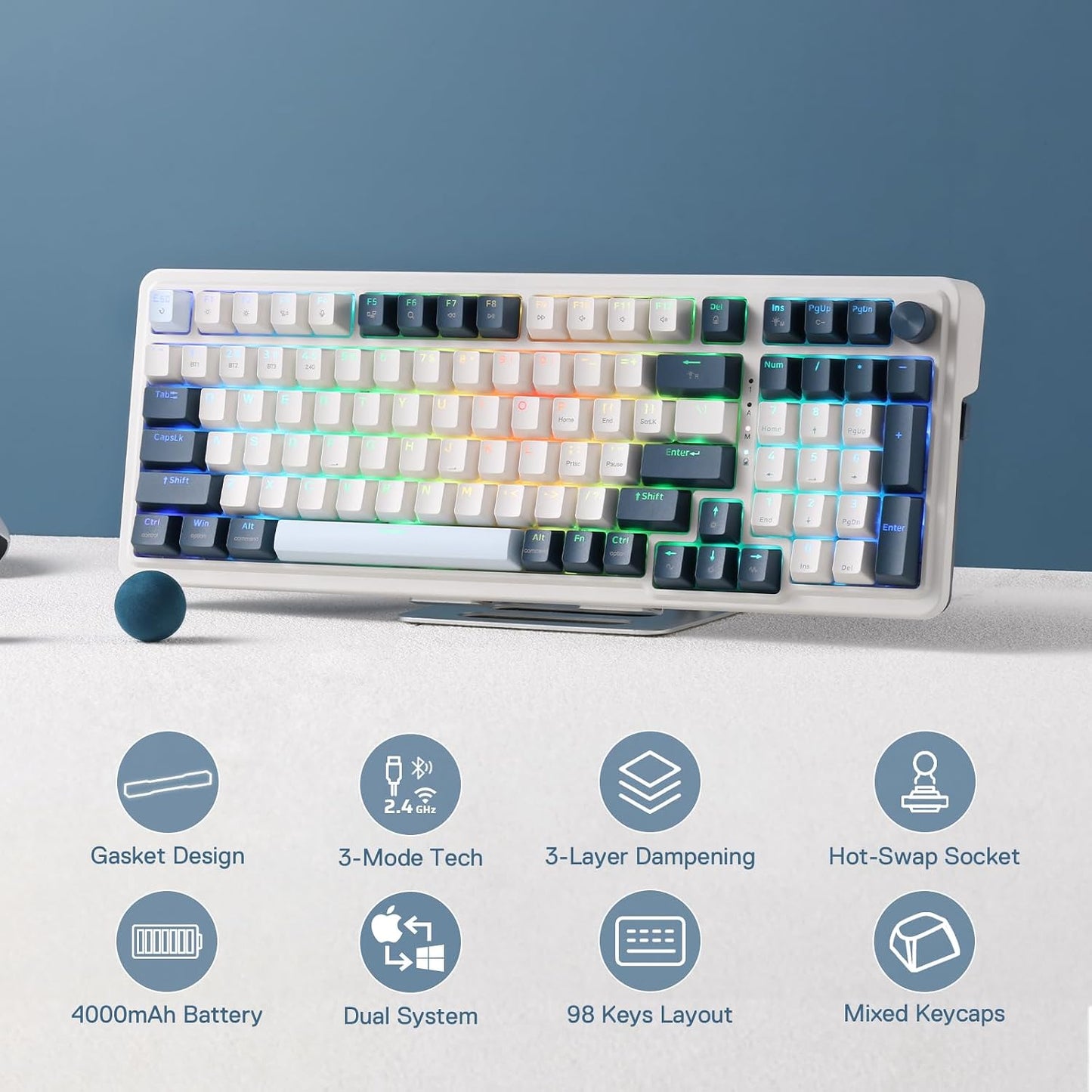 Redragon K686 PRO Wireless RGB Gasket Gaming Mechanical Keyboard, Easy Knob | Multi-Function Control Wheel, 0-Delay Tri-Mode, Cushioned 5-Layer Noise Dampening for Creamy Thocky Sound, Practical 98 Keys