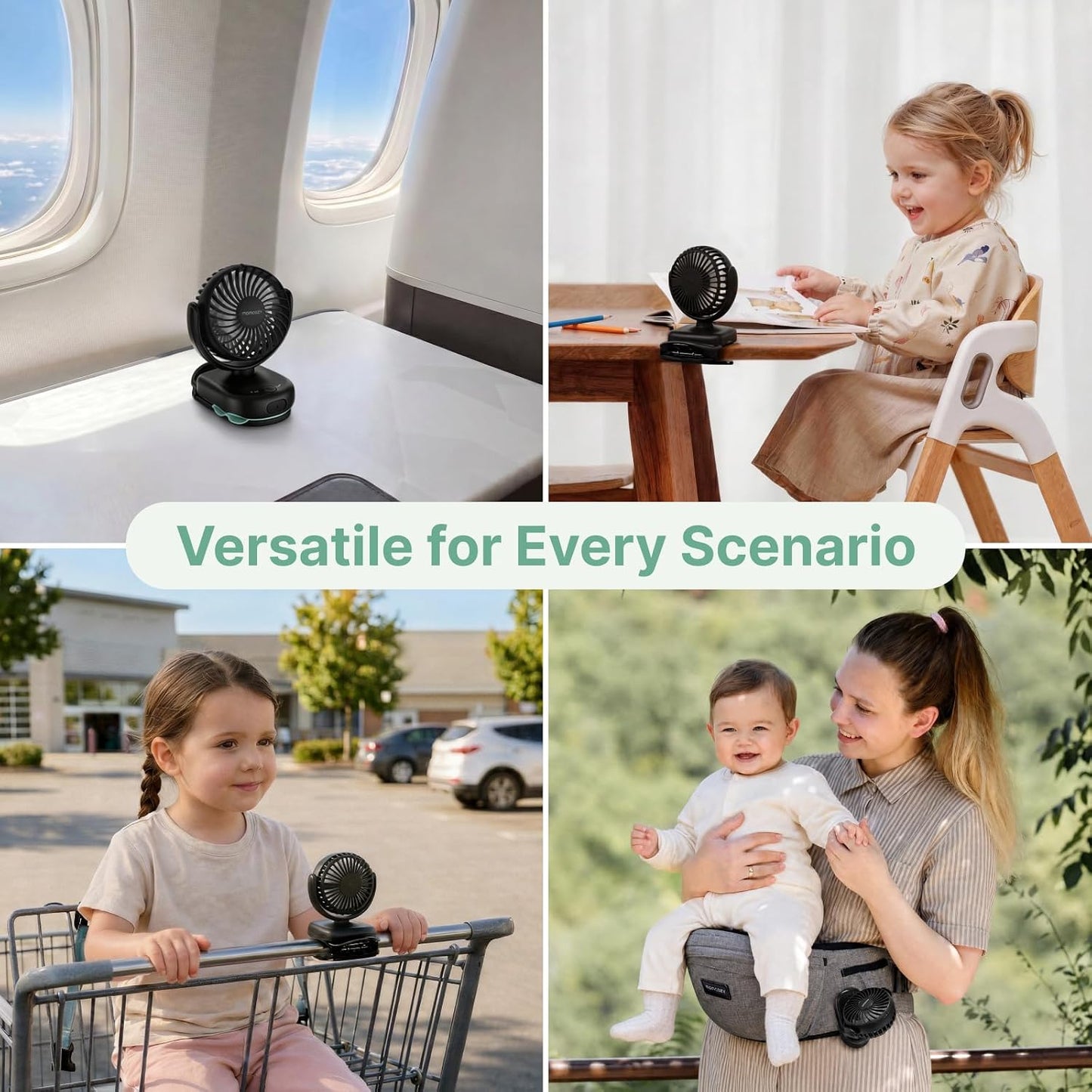 Momcozy Portable Stroller Fan with Clip, 4-Speed Mini Cooling Fan, 0.26 Lb | Ultra-Light Rechargeable Design, Gaps ≤ 4.5 mm, Rotating Handheld Cooling for Carriers, Backpacks and Tables