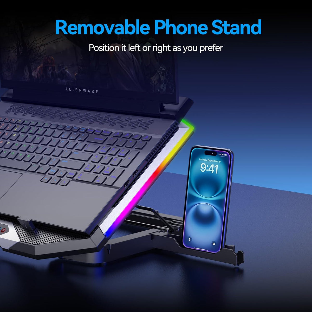 Gaming Laptop Cooling Pad with 8 Cooling Fans, Laptop Fan Cooler Pad for 15-17.3 Inch, Notebook Cooler Stand with 6 Height Adjustable, RGB Cooling Pad with Two USB Port + Phone Stand