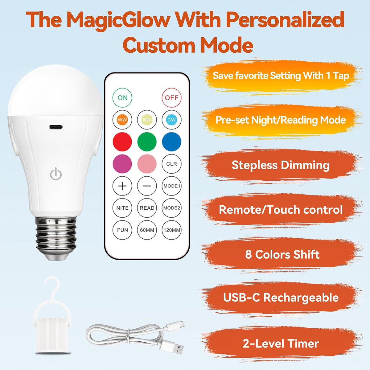 Neporal MagicGlow Rechargeable Light Bulbs with Remote, 3 Colors Shift + Dimmable Battery Powered Light Bulbs, USB Rechargeable, A19 Standard Emergency LED Light Bulbs (2, RGB, 15, Watts)