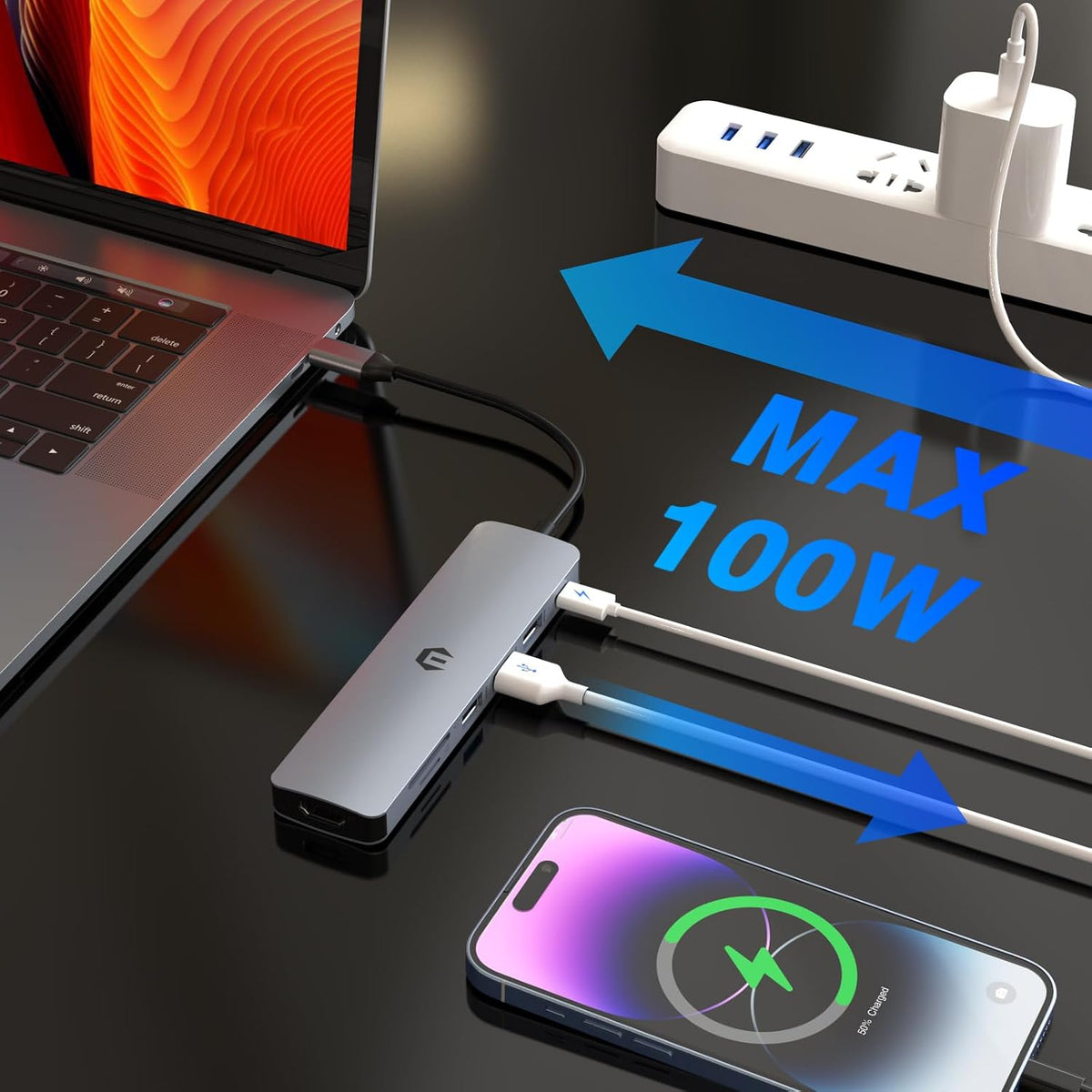 USB C Hub Multiport Adapter, 7-in-1 USB C Docking Station with HDMI, 100W PD, 3 USB 3.0, SD/TF Slot for MacBook Pro/Air, Type C Laptop
