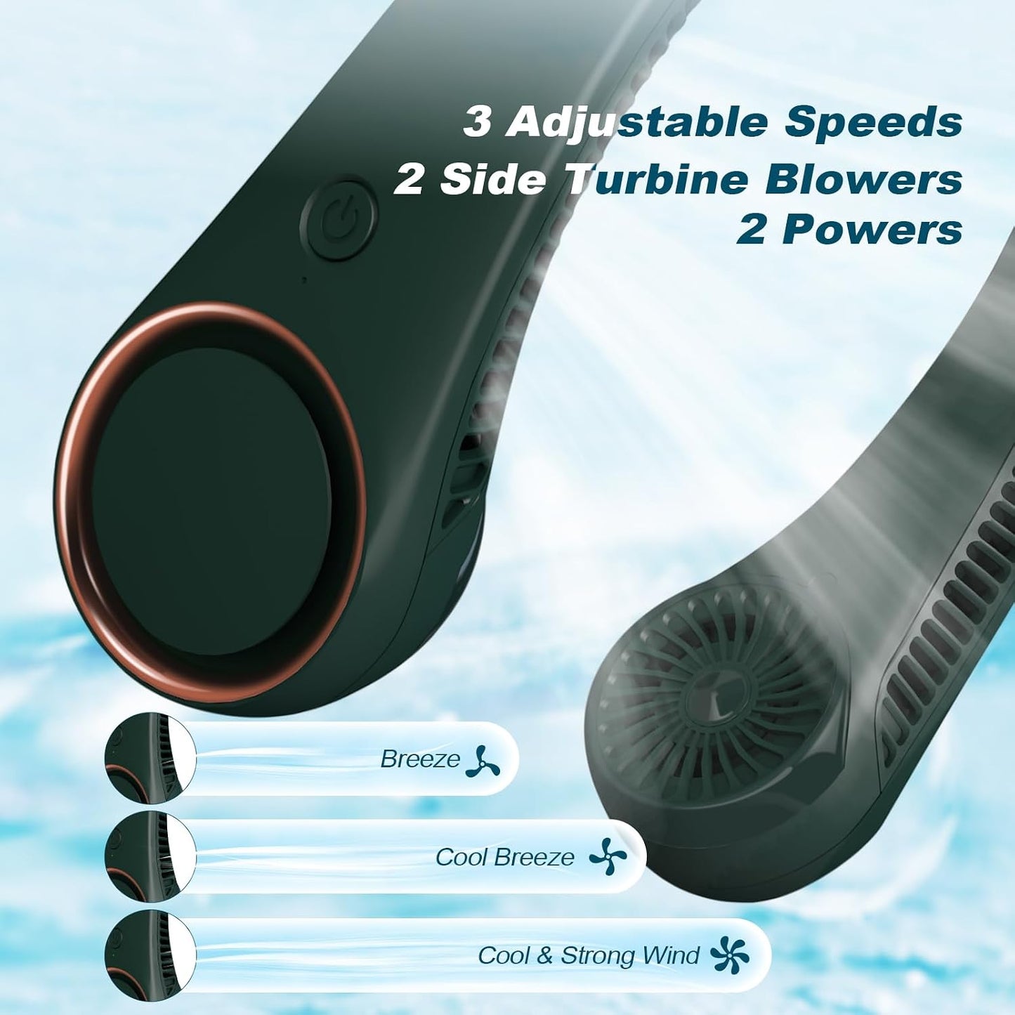 CIVPOWER Neck Fan: Portable Personal Neck Cooling Rechargeable Bladeless Fan - Hands Free 3 Speed 4000 mAh Battery USB Operated Wearable Headphone Design - Gift for Men Women Outdoor (Dark Green)