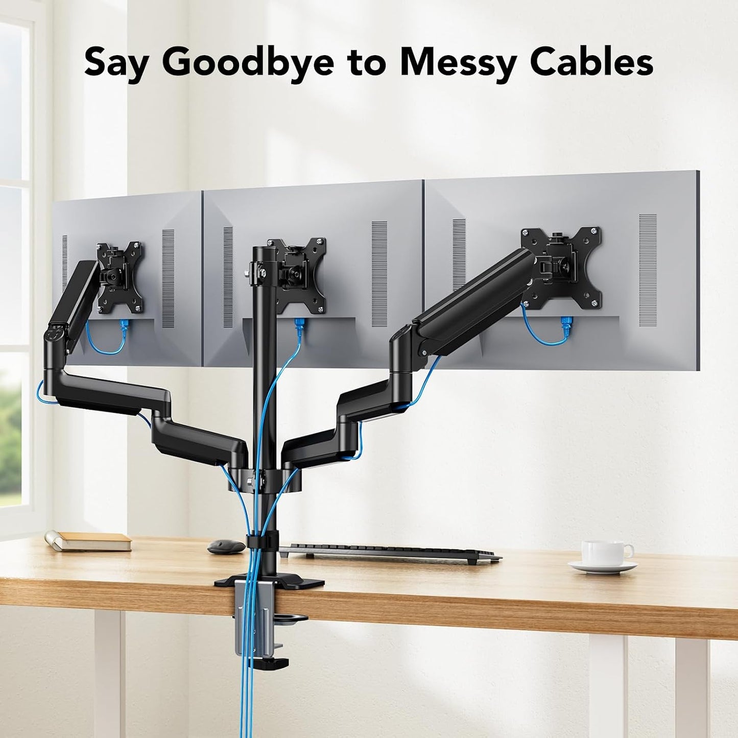 HUANUO Triple Monitor Mount for 13-27 inch Computer Screens, Gaming 3 Monitor Desk Mount with Arm Holds 19.8lbs, Triple Monitors Stand with Tilt, Swivel, Rotation, VESA 75x75, 100x100mm