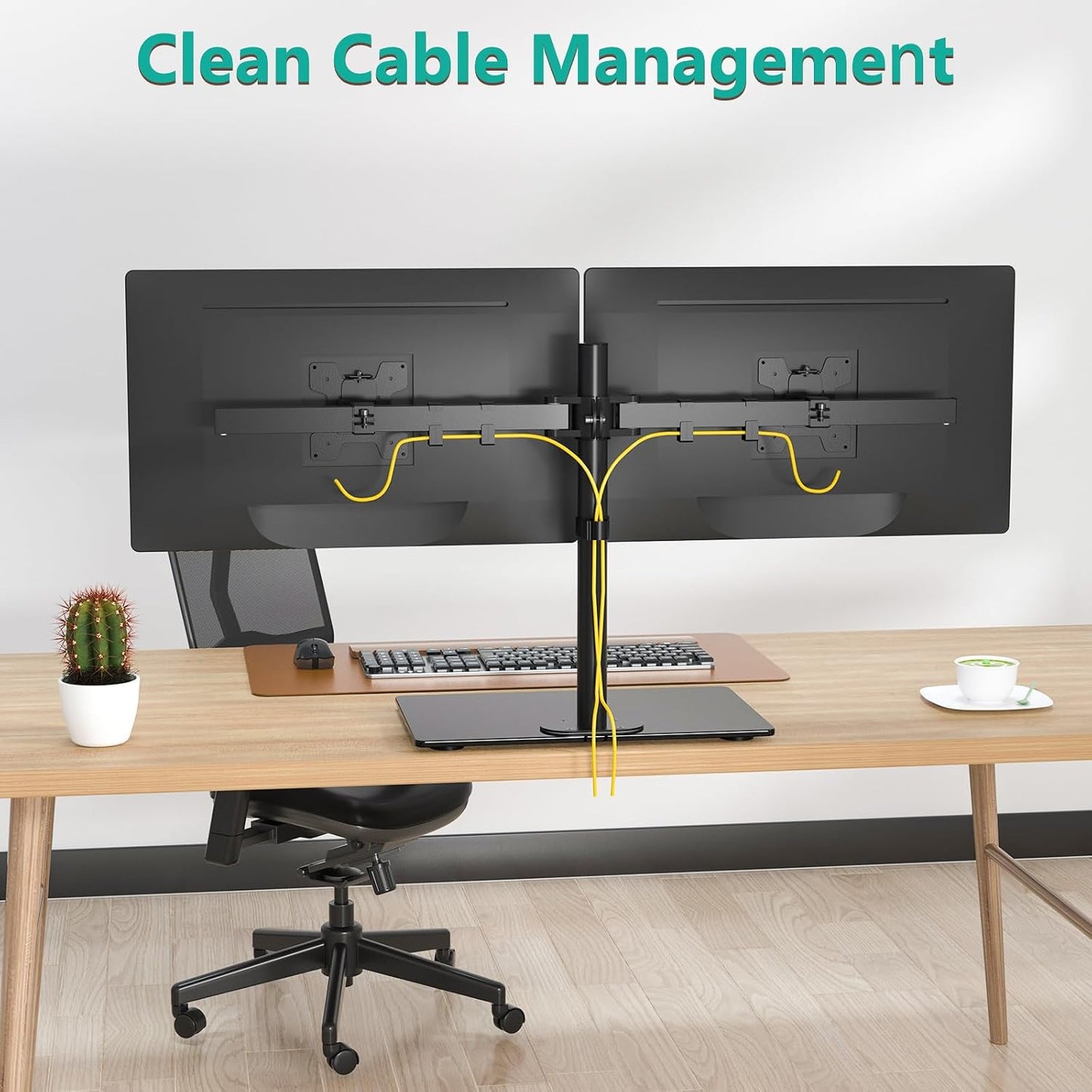 WALI Free Standing Dual Monitor Stand, Height Adjustable Monitor Mount with Glass Base, Fits LCD LED Flat Curved Screen up to 27 inch, 22lbs, with Grommet Base (GMF002)