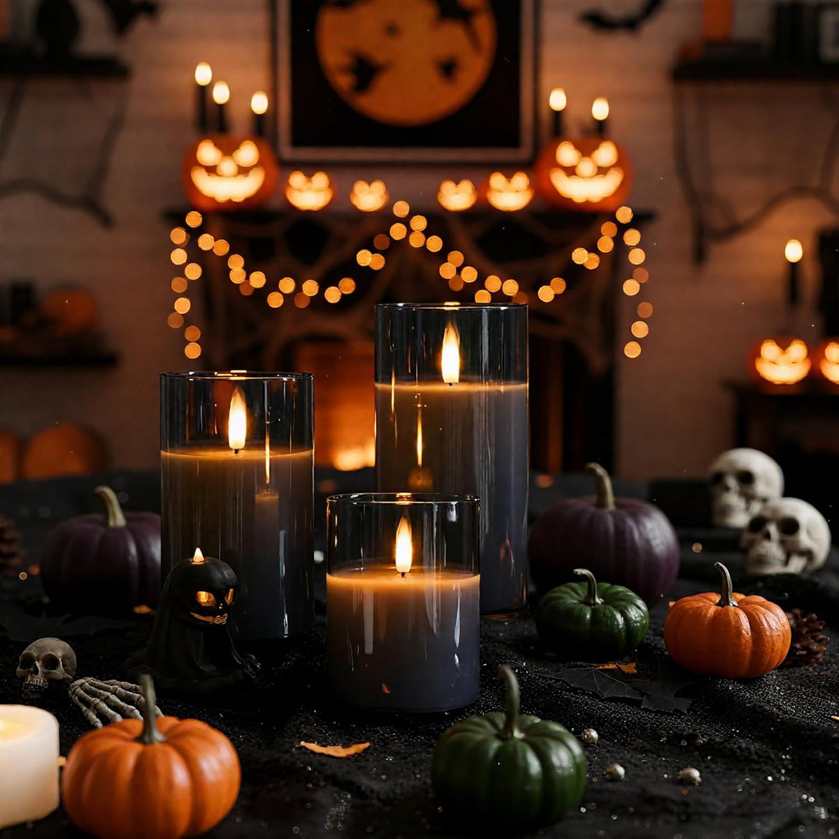 Homemory Grey Glass Flameless Candles, Real Wax, Remote Timer, 3 Pack | D3"xH4"5"6", battery operated flickering LED pillar c, les, Halloween centerpiece, mantel, dining table , home decor