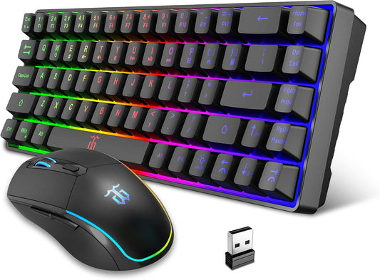Snpurdiri 60% Wireless Gaming Keyboard and Mouse Combo, Black | LED Backlit Rechargeable 2000mAh Battery, Small Membrane Gaming Keyboard + Popular RGB Mice for Gaming, Business Office