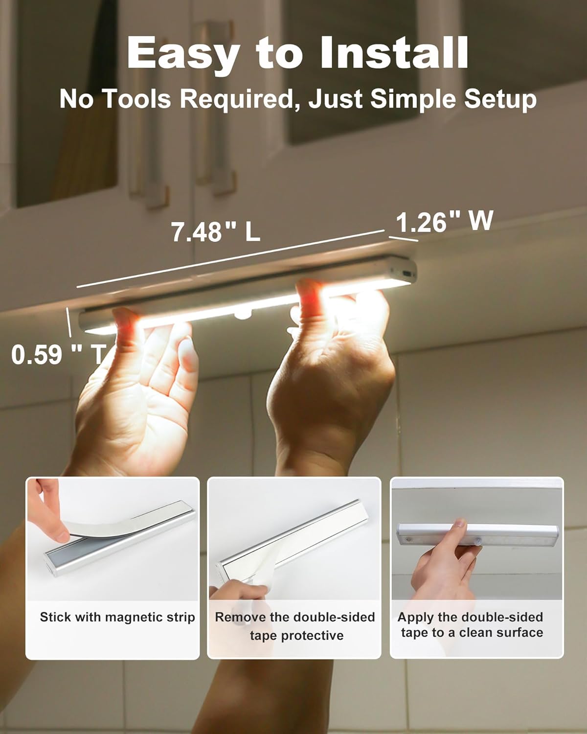 Under Cabinet Lights Wireless, 48-LED Under Cabinet Lighting Rechargeable, Closet Light with Timer & Dimmable, Under Counter Lights for Kitchen Shelf Pantry Desk (4 Packs)
